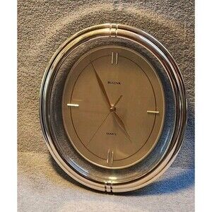 Vintage Gold Tone Bulova Oval Quartz Wall Clock Decor 12x10 Tested Works
